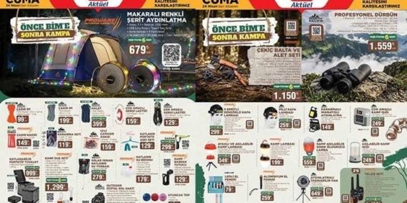 RAFLARDA SATIŞTA! BİM CUMA KATALOĞU (24 NİSAN) BİM 24 Nisan aktüel kataloğunda bu hafta hangi ürünler satışta? Kamp Sandalyesi, Hamak, Şişme Yatak, Eşya Taşıma Kutusu, Uyku Tulumu, Kamp Hasırı, Duş ve Giyinme Kabini…