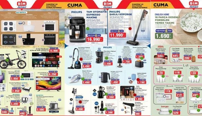 BİM AKTÜEL YENİ MAYIS KATALOĞU 1-7 MAYIS BİM AKTÜEL KATALOĞU: Yeni BİM kataloğunda hangi ürünler var? BİM aktüel kataloğu Philips espresso makinesi, şarjlı süpürge, filtre kahve makinesi, su ısıtıcı, English Home yemek takımı...