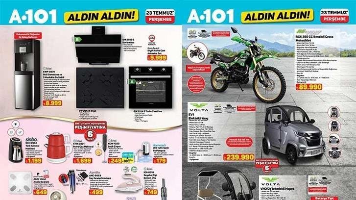 18-24 TEMMUZ A101 HAFTANIN YILDIZLARI KATALOĞU SATIŞTA! A101 Aldın Aldın 23 Temmuz Perşembe aktüel kataloğunda hangi ürünler satışa çıkacak? 3 Musluklu Su Sebili, Retro Çay Makinesi, Tavan Tipi Fan, Volta EV1 Elektrikli Araç, 250 cc Benzinli Cross Motosiklet…