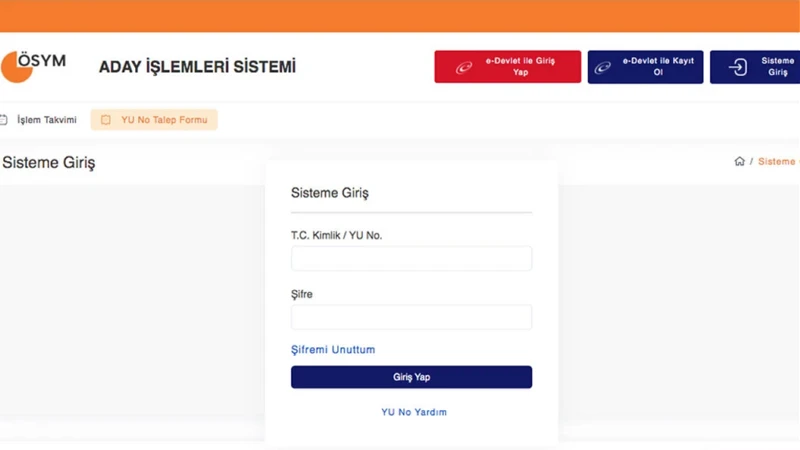 e Devlet ÖSYM AİS ekranı: Aday İşlemleri Sistemi girişi