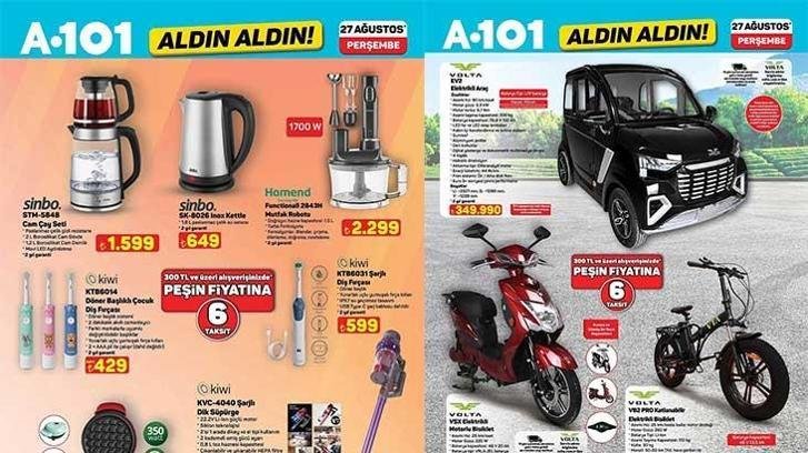 A101 YENİ AKTÜEL KATALOGLAR! A101 Aldın Aldın 27 Ağustos Perşembe aktüel kataloğunda hangi ürünler satışa sunulacak? Cam Çay Seti, Mutfak Robotu, Döner Başlıklı Çocuk Diş Fırçası, Mini Waffle Makinesi, Volta EV2 Elektrikli Araç…